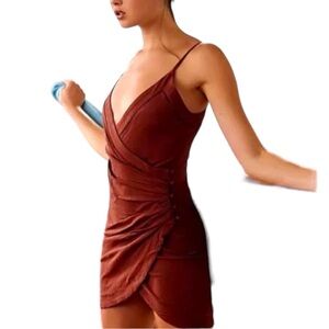 Free People Dylan Wrap Bodycon Mini Dress Rust Size Medium Festival Slip Grunge